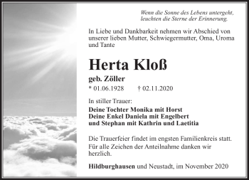Traueranzeige von Herta Kloß von Südthüringer Presse