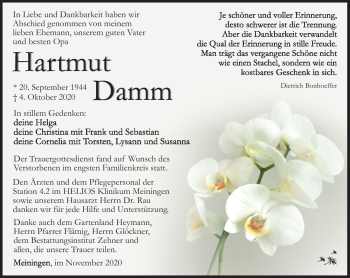 Traueranzeige von Hartmut Damm von Südthüringer Presse