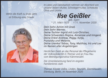 Traueranzeige von Ilse Geißler von Südthüringer Presse