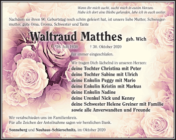 Traueranzeige von Waltraud Matthes von Südthüringer Presse