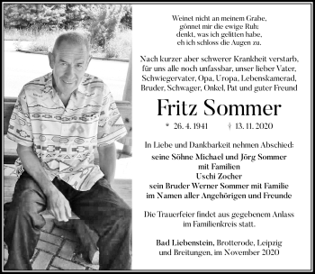 Traueranzeige von Fritz Sommer von Südthüringer Presse