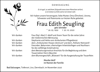 Traueranzeige von Edith Seugling von Südthüringer Presse