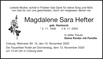 Traueranzeige von Magdalene Hefter von Neue Presse Coburg