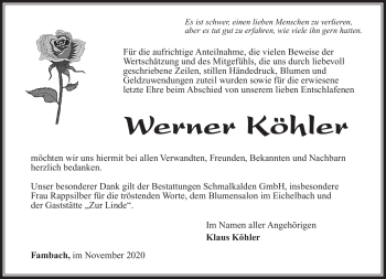 Traueranzeige von Werner Köhler von Südthüringer Presse