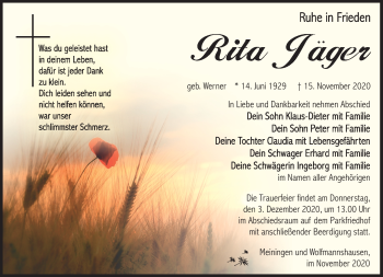 Traueranzeige von Rita Jäger von Südthüringer Presse