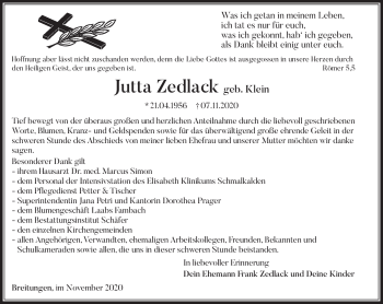 Traueranzeige von Jutta Zedlack von Südthüringer Presse