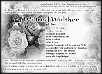 Traueranzeige von Wiltrud Walther von Südthüringer Presse