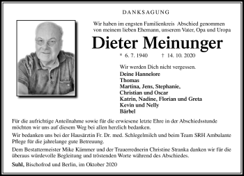 Traueranzeige von Dieter Meinunger von Südthüringer Presse