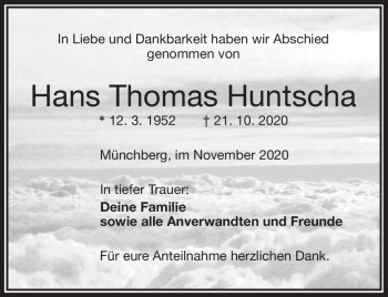Traueranzeige von Hans Thomas Huntscha von Frankenpost