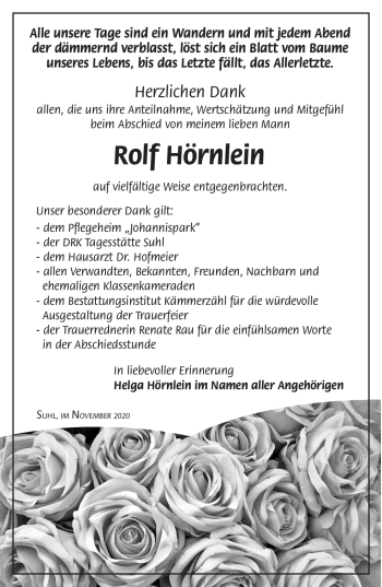 Traueranzeige von Rolf Hörnlein von Südthüringer Presse