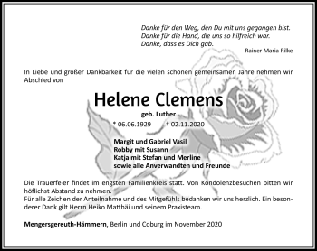 Traueranzeige von Helene Clemens von Südthüringer Presse
