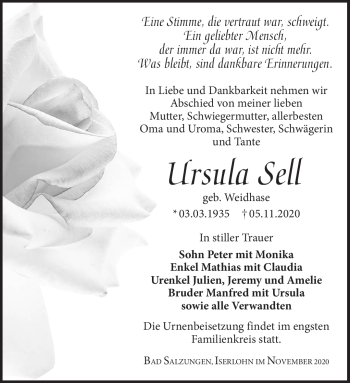 Traueranzeige von Ursula Sell von Südthüringer Presse