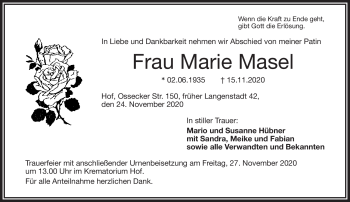 Traueranzeige von Marie Masel von Frankenpost