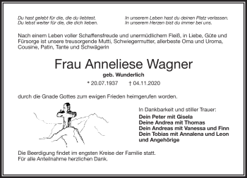Traueranzeige von Anneliese Wagner von Frankenpost