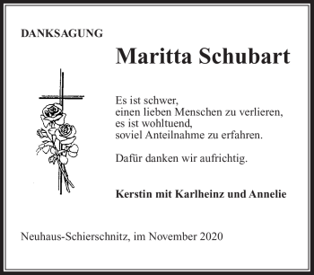 Traueranzeige von Maritta Schubart von Südthüringer Presse