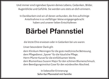 Traueranzeige von Bärbel Pfannstiel von Südthüringer Presse