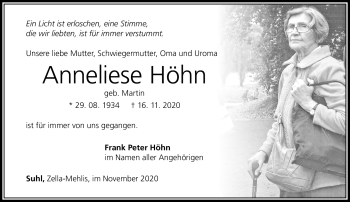 Traueranzeige von Anneliese Höhn von Südthüringer Presse