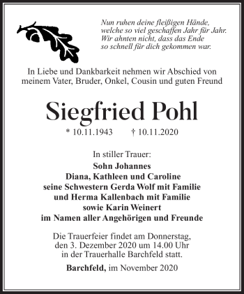 Traueranzeige von Siegfried Pohl von Südthüringer Presse