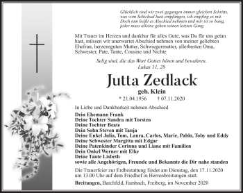 Traueranzeige von Jutta Zedlack von Südthüringer Presse
