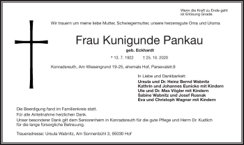 Traueranzeige von Kunigunde Pankau von Frankenpost