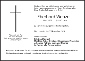 Traueranzeige von Eberhard Wenzel von Frankenpost