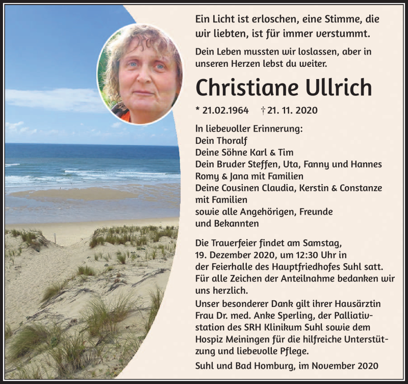  Traueranzeige für Christinae Ullrich vom 28.11.2020 aus Südthüringer Presse