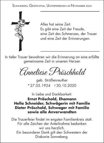 Traueranzeige von Anneliese Pröschold von Südthüringer Presse