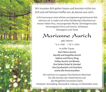 Traueranzeige von Marianne Aurich von Südthüringer Presse