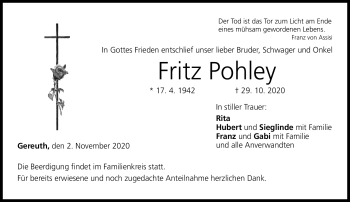 Traueranzeige von Fritz Pohley von Neue Presse Coburg