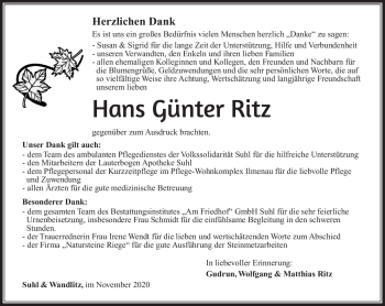 Traueranzeige von Hans Günter Ritz von Südthüringer Presse