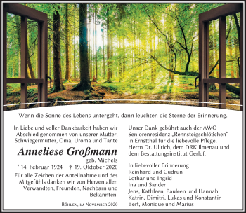 Traueranzeige von Anneliese Großmann von Südthüringer Presse