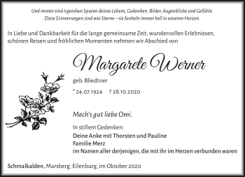 Traueranzeige von Margarete Werner von Südthüringer Presse