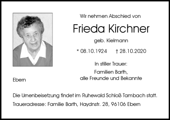 Traueranzeige von Frieda Kirchner von Neue Presse Coburg
