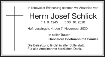 Traueranzeige von Josef Schlick von Frankenpost