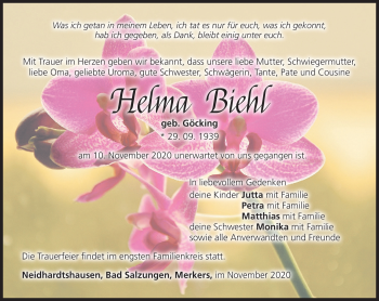 Traueranzeige von Helma Biehl von Südthüringer Presse