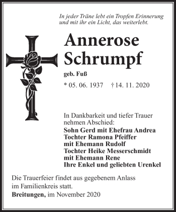 Traueranzeige von Annerose Schrumpf von Südthüringer Presse