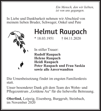 Traueranzeige von Helmut Raupach von Südthüringer Presse