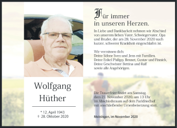 Traueranzeige von Wolfgang Hüther von Südthüringer Presse