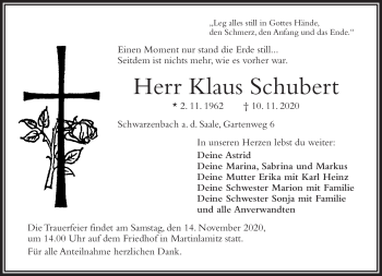 Traueranzeige von Klaus Schubert von Frankenpost