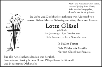 Traueranzeige von Lotte Glässel von Frankenpost