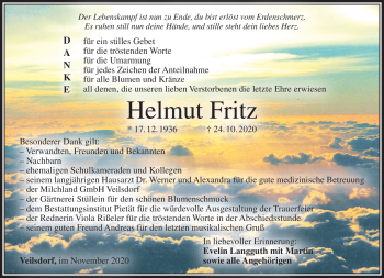 Traueranzeige von Helmut Fritz von Südthüringer Presse