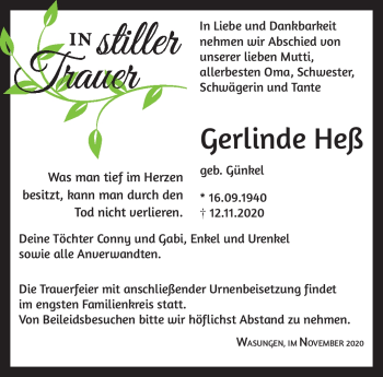 Traueranzeige von Gerlinde Heß von Südthüringer Presse