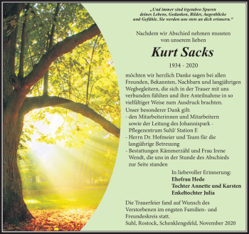 Traueranzeige von Kurt Sachs von Südthüringer Presse