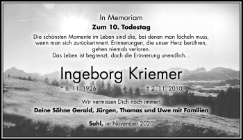 Traueranzeige von Ingeborg Kriemer von Südthüringer Presse