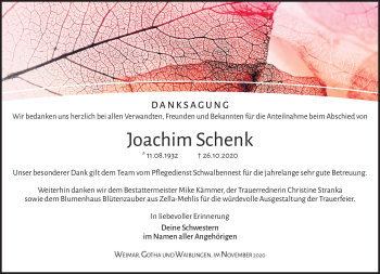 Traueranzeige von Joachim Schenk von Südthüringer Presse