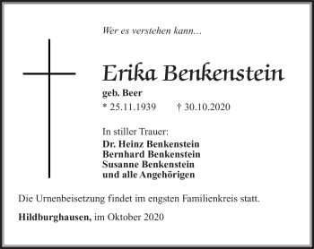 Traueranzeige von Erika Benkenstein von Südthüringer Presse