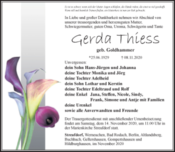 Traueranzeige von Gerda Theis von Südthüringer Presse