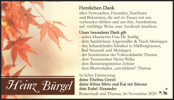 Traueranzeige von Heinz Bürgel von Südthüringer Presse
