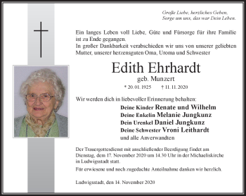 Traueranzeige von Edith Ehrhardt von Neue Presse Coburg