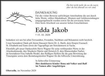 Traueranzeige von Edda Jakob von Südthüringer Presse